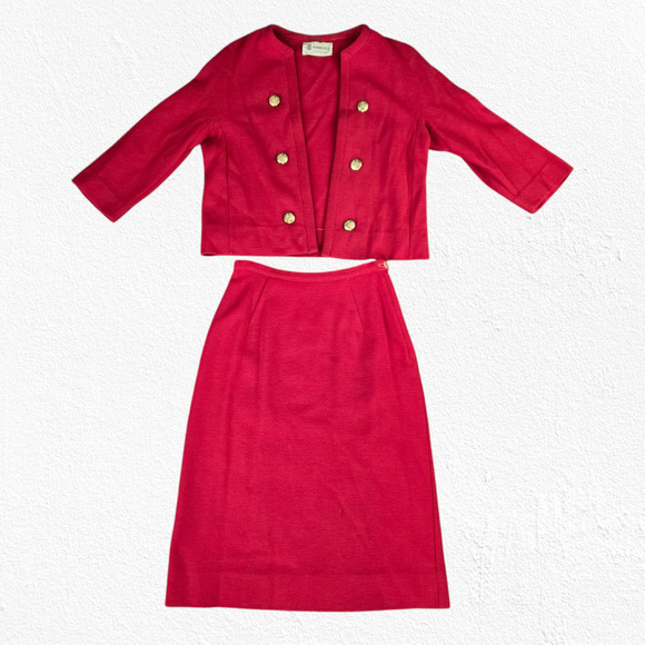 50s Vintage Red Open Front Double Breasted Blazer Pencil Skirt Wool Set Size 2 - Picture 2 of 16
